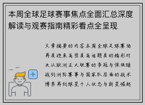 本周全球足球赛事焦点全面汇总深度解读与观赛指南精彩看点全呈现