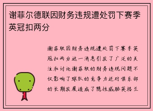 谢菲尔德联因财务违规遭处罚下赛季英冠扣两分